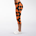 Orange And Black Halloween Argyle Print Women's Capri Leggings