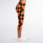 Orange And Black Halloween Argyle Print Women's Capri Leggings
