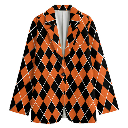 Orange And Black Halloween Argyle Print Women's Cotton Blazer