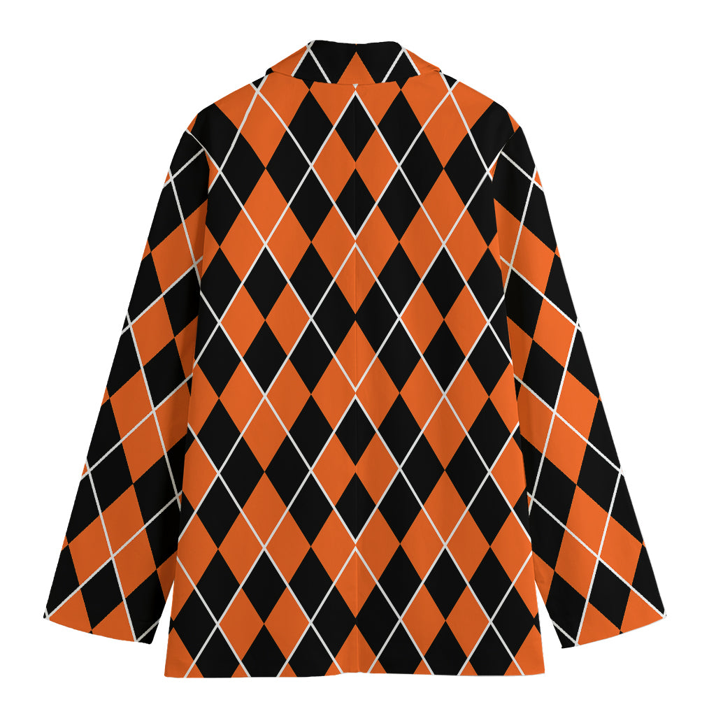 Orange And Black Halloween Argyle Print Women's Cotton Blazer