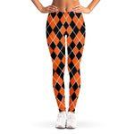 Orange And Black Halloween Argyle Print Women's Leggings