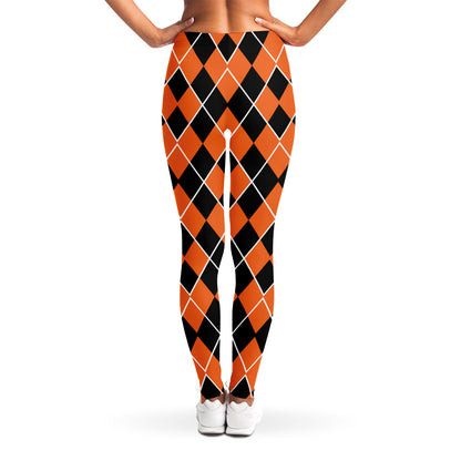 Orange And Black Halloween Argyle Print Women's Leggings