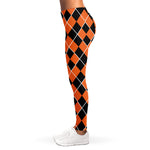 Orange And Black Halloween Argyle Print Women's Leggings