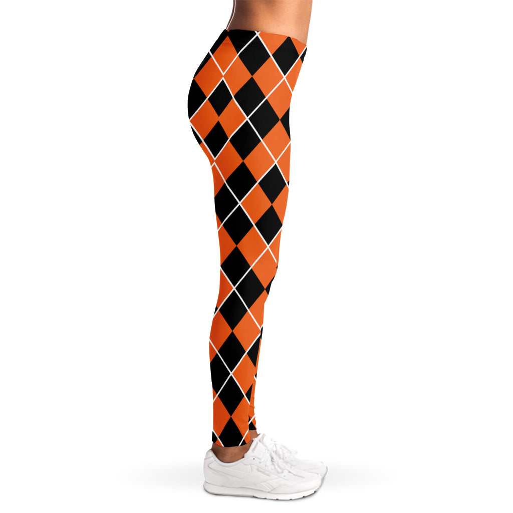 Orange And Black Halloween Argyle Print Women's Leggings