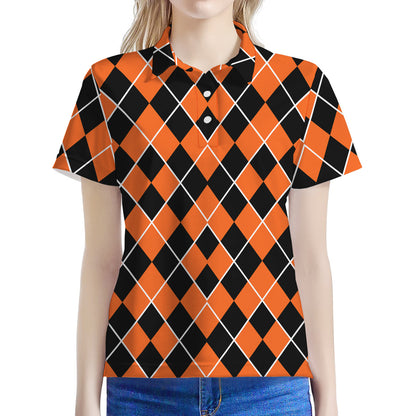 Orange And Black Halloween Argyle Print Women's Polo Shirt