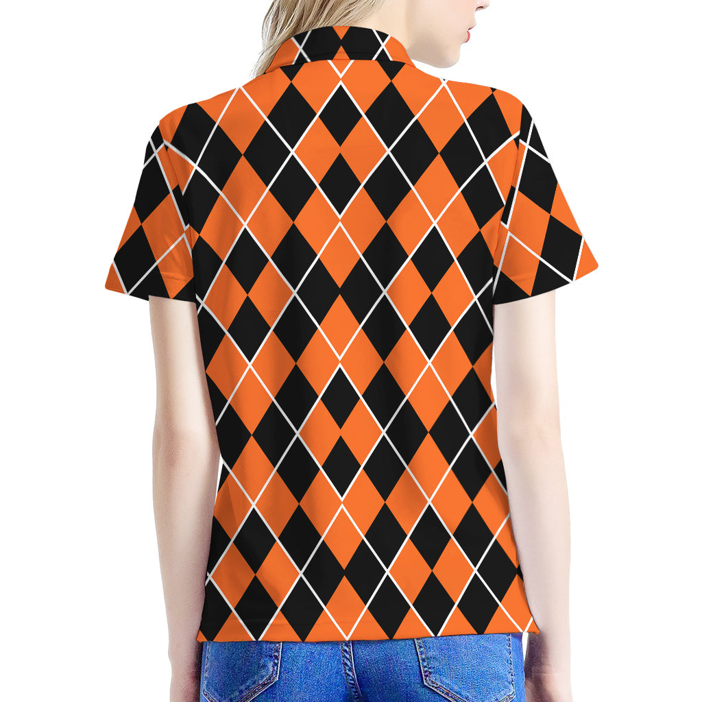 Orange And Black Halloween Argyle Print Women's Polo Shirt