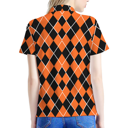 Orange And Black Halloween Argyle Print Women's Polo Shirt