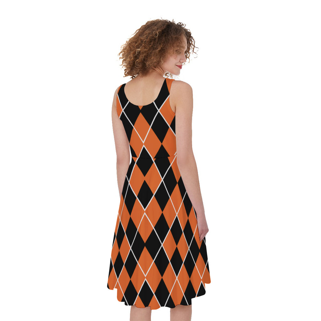 Orange And Black Halloween Argyle Print Women's Sleeveless Dress