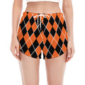 Orange And Black Halloween Argyle Print Women's Split Running Shorts