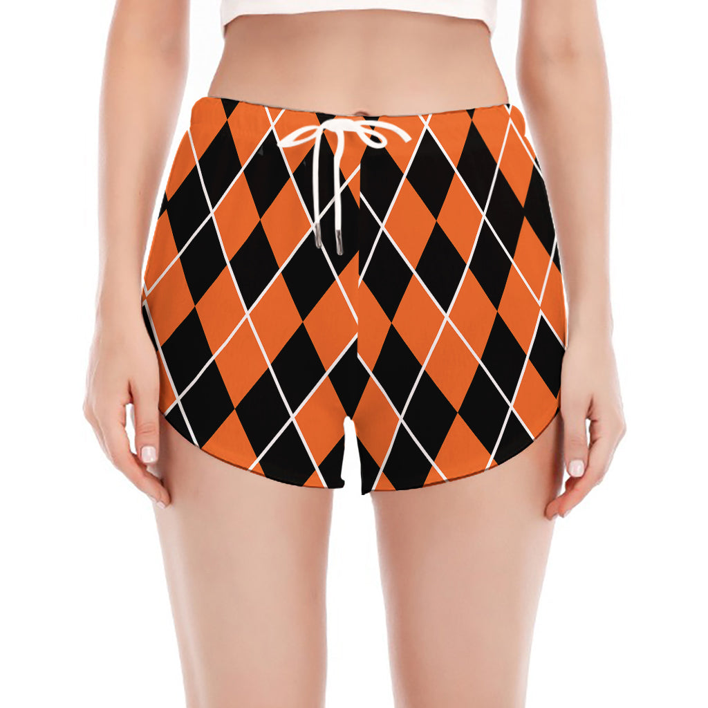 Orange And Black Halloween Argyle Print Women's Split Running Shorts