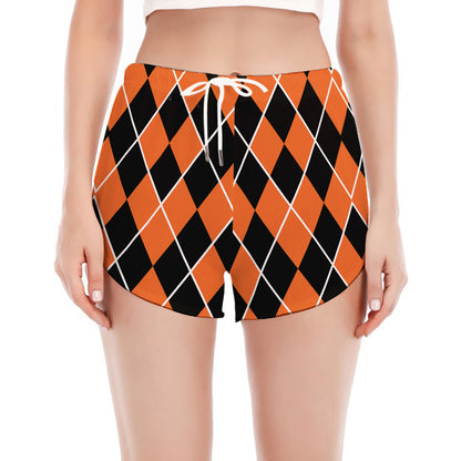 Orange And Black Halloween Argyle Print Women's Split Running Shorts