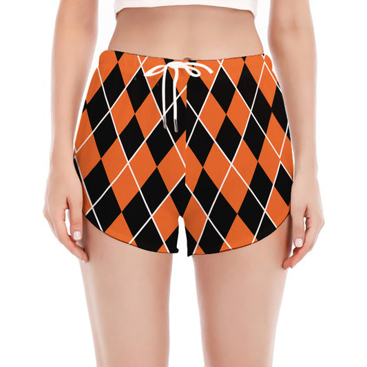 Orange And Black Halloween Argyle Print Women's Split Running Shorts