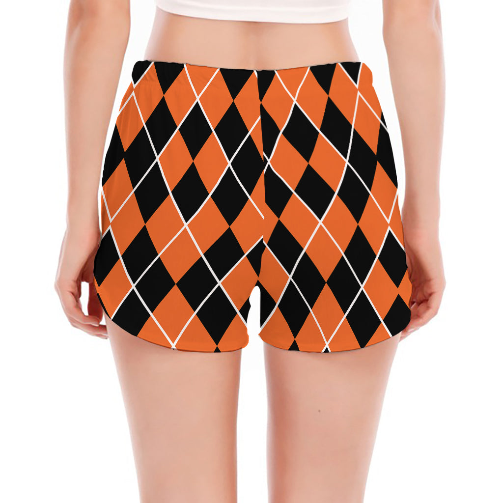 Orange And Black Halloween Argyle Print Women's Split Running Shorts