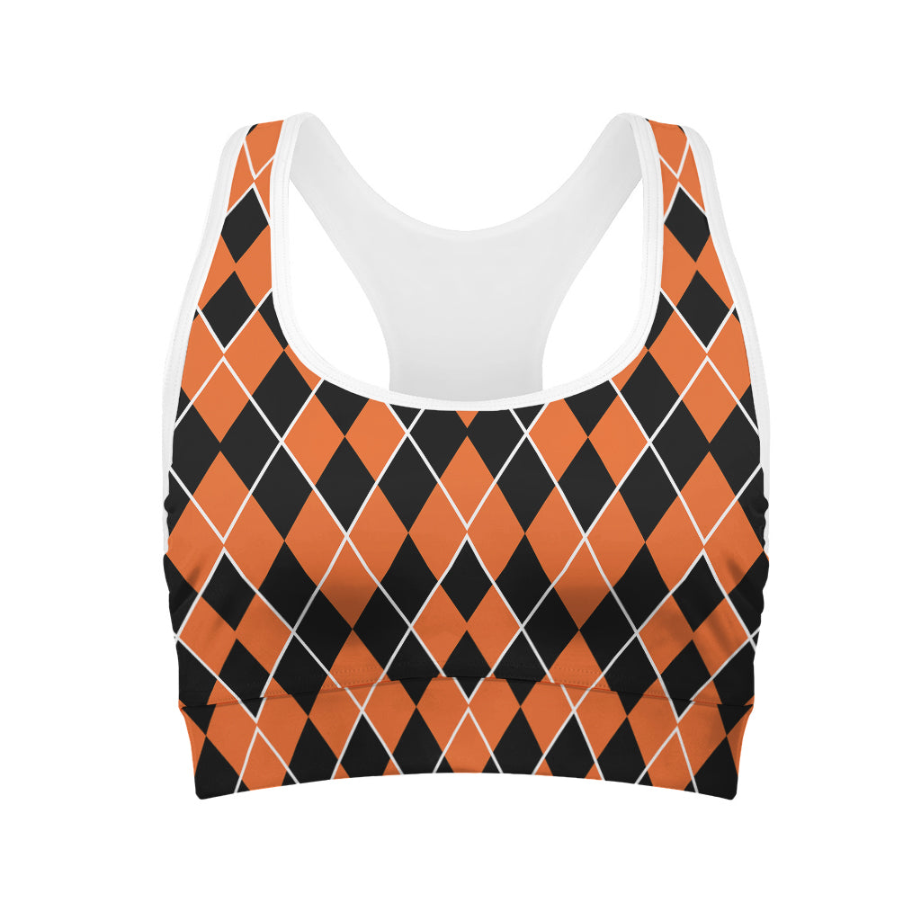 Orange And Black Halloween Argyle Print Women's Sports Bra