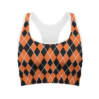 Orange And Black Halloween Argyle Print Women's Sports Bra