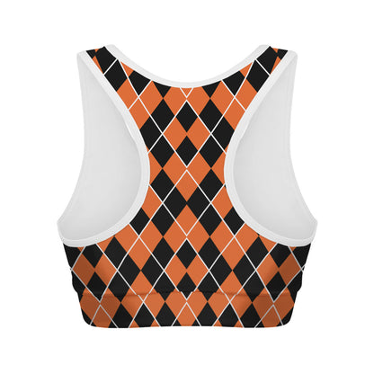 Orange And Black Halloween Argyle Print Women's Sports Bra
