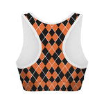 Orange And Black Halloween Argyle Print Women's Sports Bra