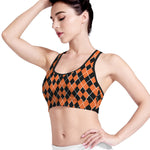 Orange And Black Halloween Argyle Print Women's Sports Bra