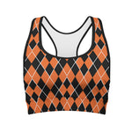 Orange And Black Halloween Argyle Print Women's Sports Bra