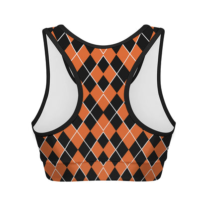 Orange And Black Halloween Argyle Print Women's Sports Bra