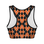 Orange And Black Halloween Argyle Print Women's Sports Bra