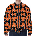 Orange And Black Halloween Argyle Print Zip Sleeve Bomber Jacket