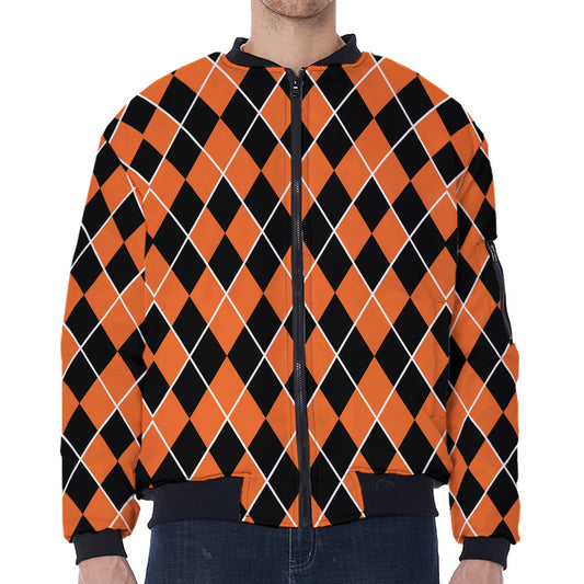 Orange And Black Halloween Argyle Print Zip Sleeve Bomber Jacket