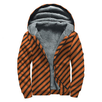 Orange And Black Halloween Pattern Print Sherpa Lined Zip Up Hoodie