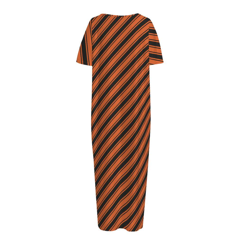 Orange And Black Halloween Pattern Print Short Sleeve Long Nightdress