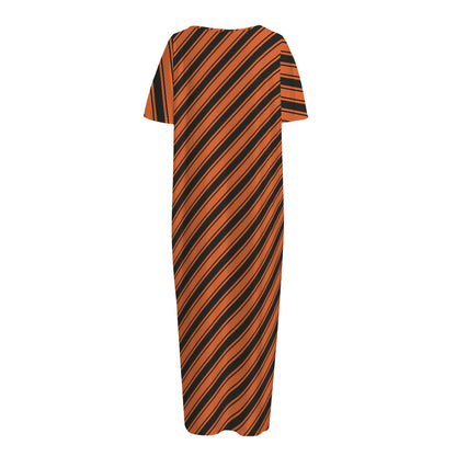 Orange And Black Halloween Pattern Print Short Sleeve Long Nightdress