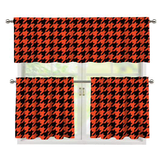 Orange And Black Houndstooth Print 3 Piece Kitchen Curtains