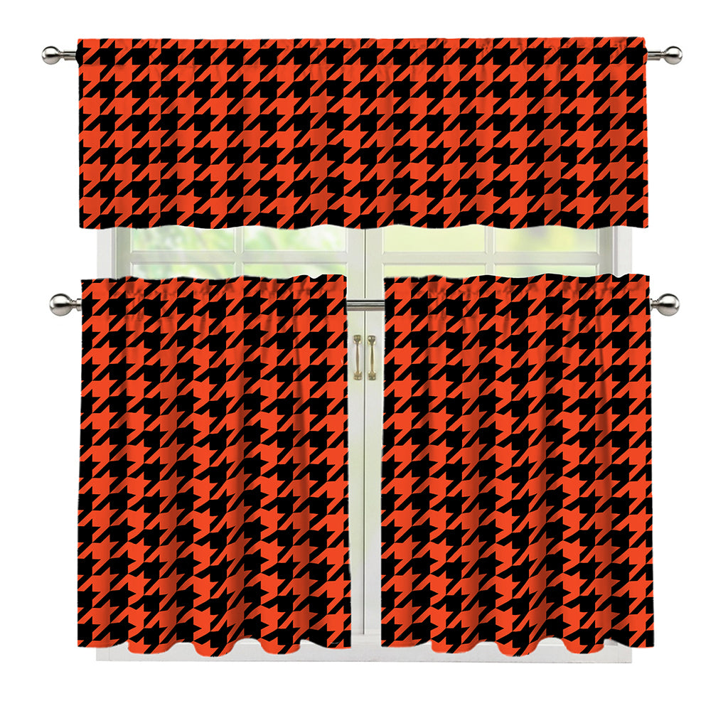 Orange And Black Houndstooth Print 3 Piece Kitchen Curtains