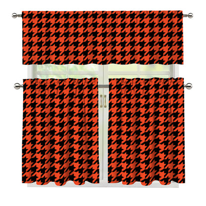 Orange And Black Houndstooth Print 3 Piece Kitchen Curtains