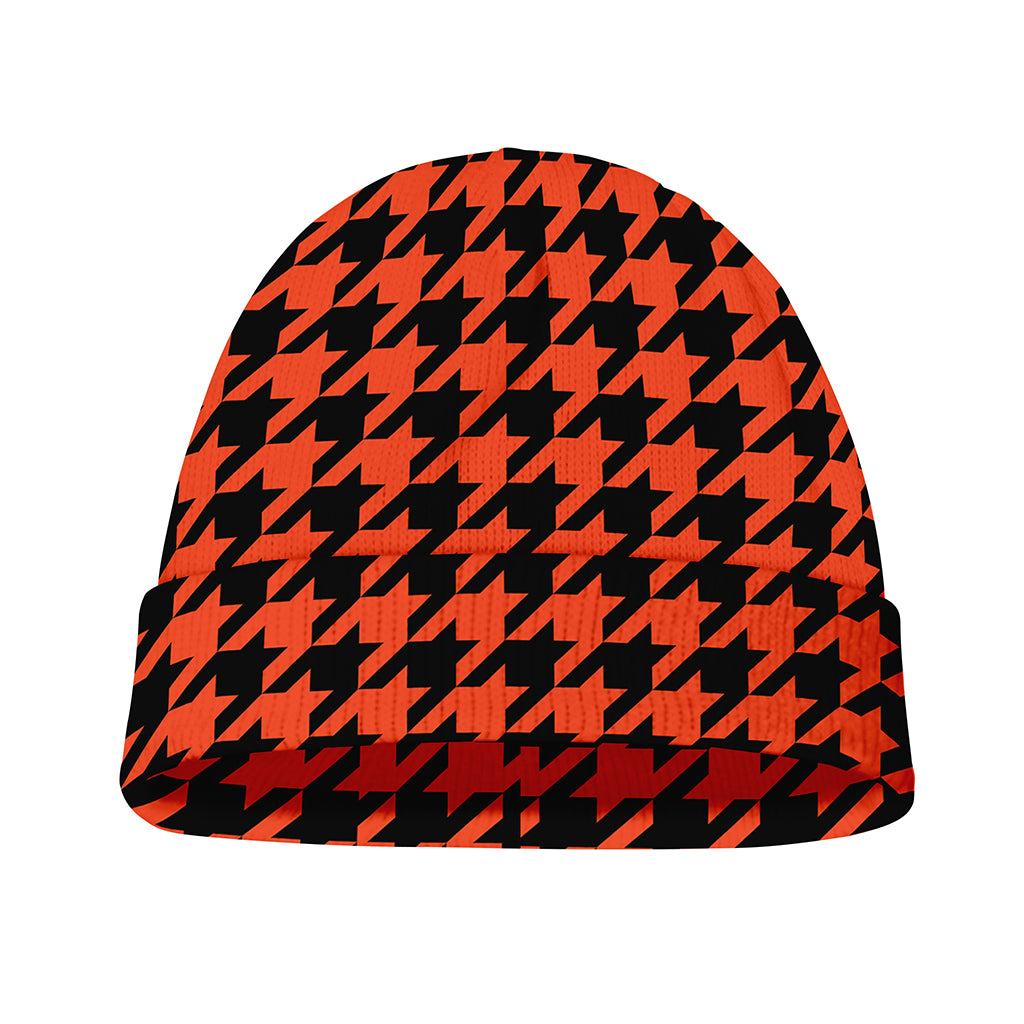 Orange And Black Houndstooth Print Beanie