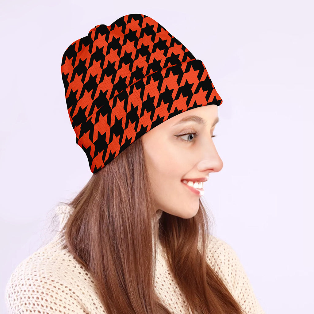 Orange And Black Houndstooth Print Beanie