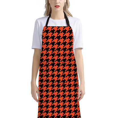Orange And Black Houndstooth Print Bib Apron With Pocket