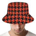 Orange And Black Houndstooth Print Bucket Hat