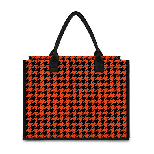 Orange And Black Houndstooth Print Canvas Tote Bag