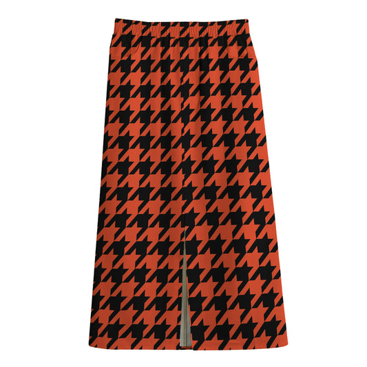 Orange And Black Houndstooth Print Cotton Front Slit Maxi Skirt