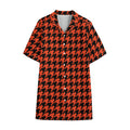 Orange And Black Houndstooth Print Cotton Hawaiian Shirt