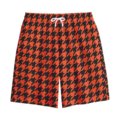Orange And Black Houndstooth Print Cotton Shorts