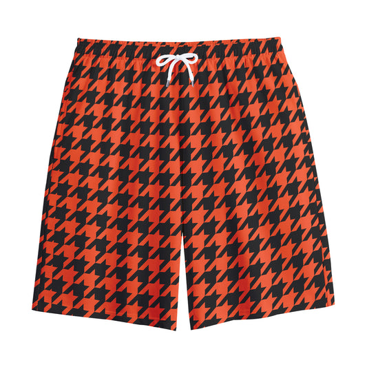 Orange And Black Houndstooth Print Cotton Shorts