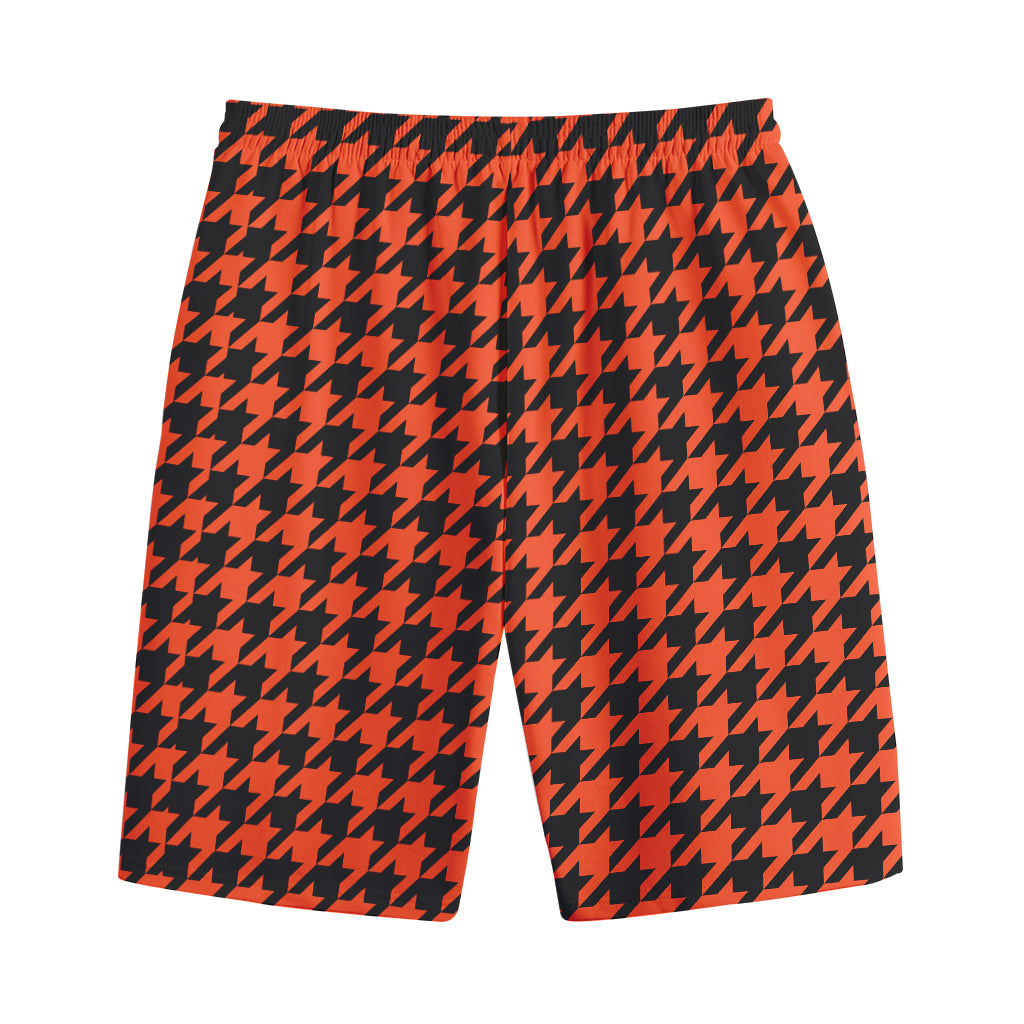 Orange And Black Houndstooth Print Cotton Shorts