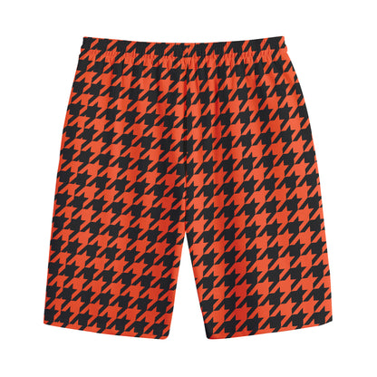 Orange And Black Houndstooth Print Cotton Shorts