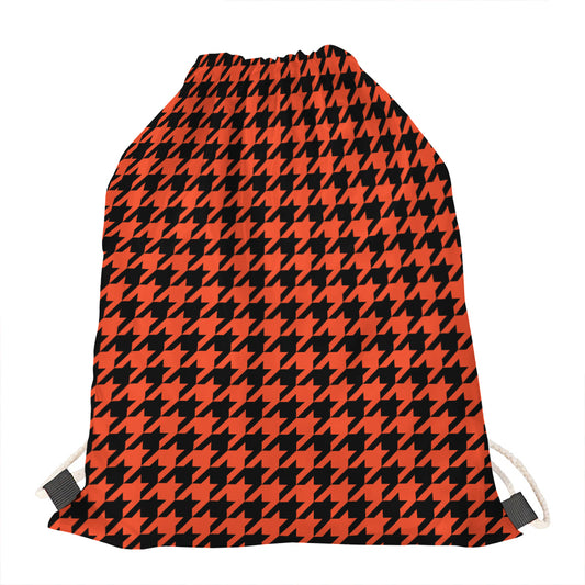 Orange And Black Houndstooth Print Drawstring Bag