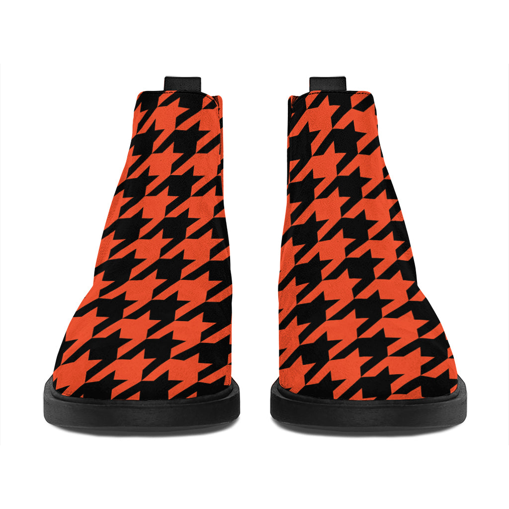 Orange And Black Houndstooth Print Flat Ankle Boots