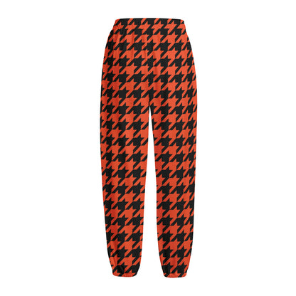 Orange And Black Houndstooth Print Fleece Lined Knit Pants