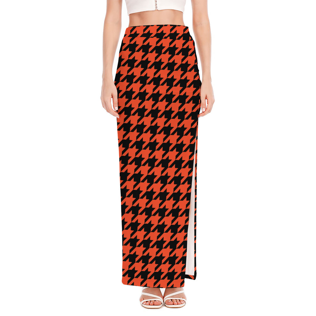 Orange And Black Houndstooth Print High Slit Maxi Skirt