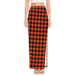 Orange And Black Houndstooth Print High Slit Maxi Skirt