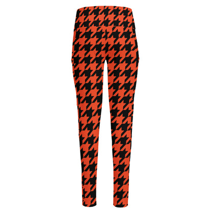 Orange And Black Houndstooth Print High-Waisted Pocket Leggings